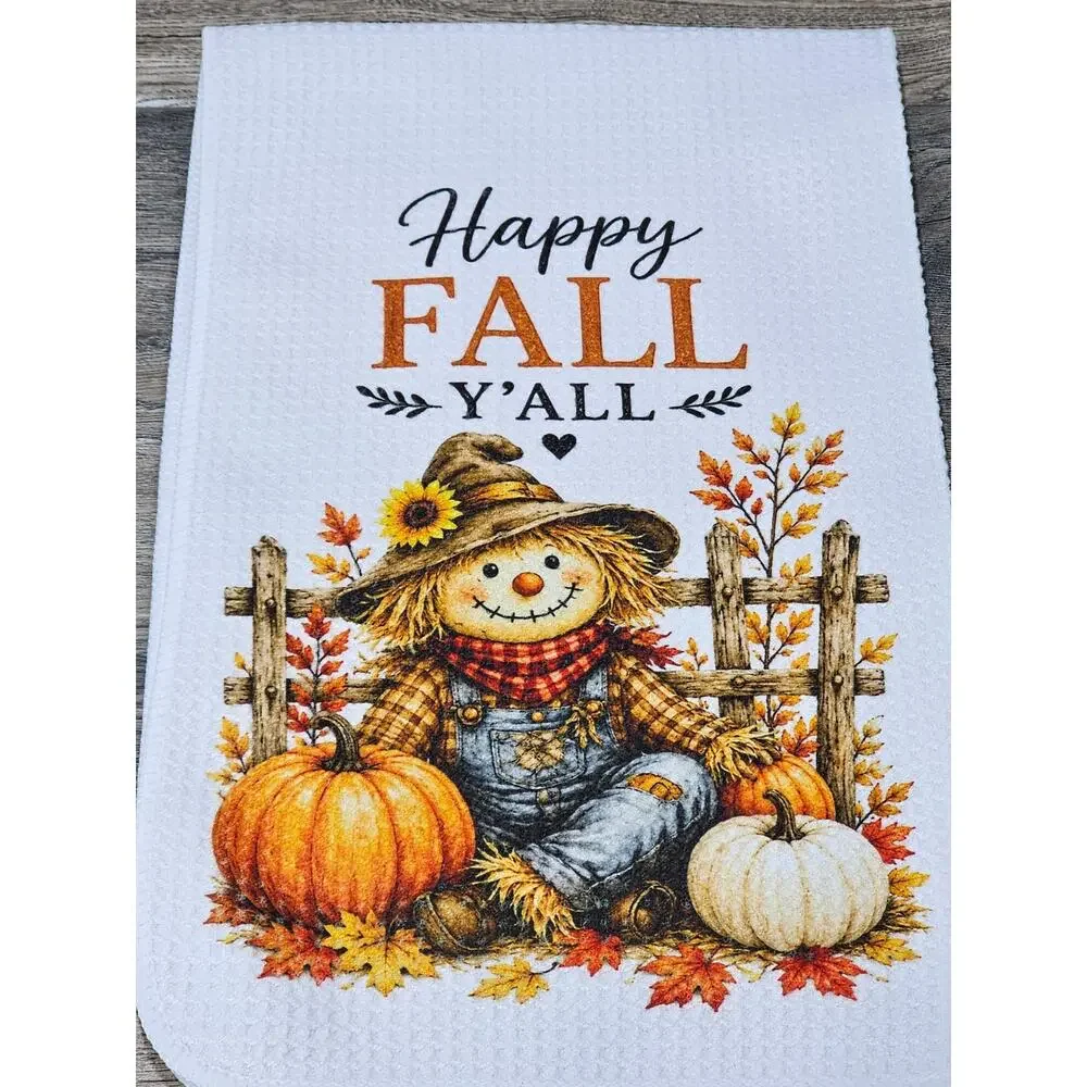 Happy Fall Y'all Kitchen Towel Scarecrow Pumpkin Farmhouse Autumn Decor